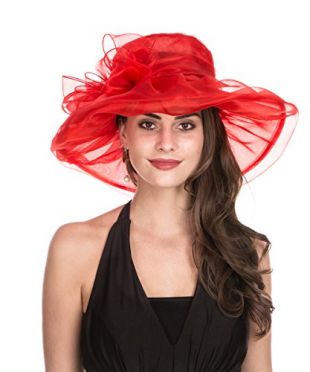 Lucky Leaf Women Kentucky Derby Church Cap Wide Brim Summer Sun Hat for Party Wedding (1-Red with Bowknot)