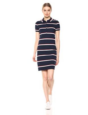 Lacoste Women's S/S Striped Cotton Pique Classic Polo Dress, Navy Blue, 6