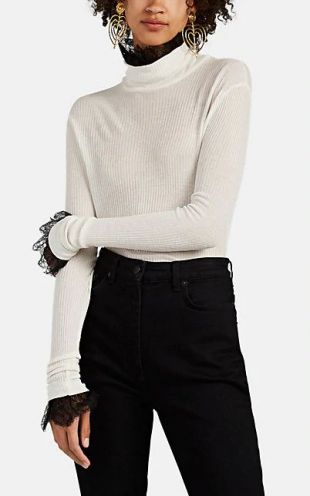 Lace-Trimmed Rib-Knit Turtleneck Sweater