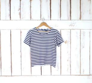 90 s Lizwear bleu marine et blanc rayé à manches courtes pull t-shirt/basic coton rayé tshirt/rayé t/petite petite