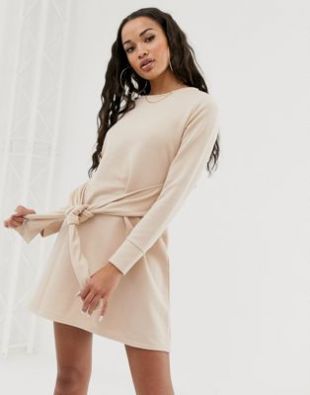Tie waist sweatshirt dress in beige
