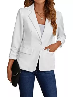 Women's 3/4 Sleeve Formal Notch Lapel One Button Blazer Pockets Jacket (White,Size XL)