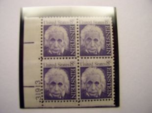US Postage Stamps, 1968, Albert Einstein, S# 1285, Plate Block of 4 8 Cent Stamps