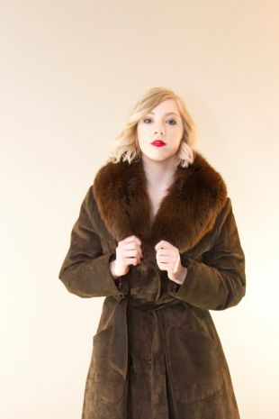 Vintage winter coat, Chocolate brown suede with fur collar, Eatons of Canada, Made in Canada