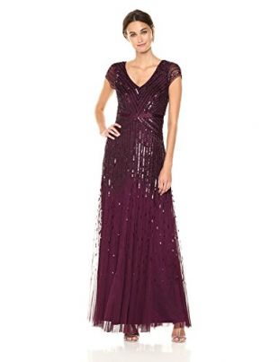 Adrianna Papell Women's Long Beaded V-Neck Dress With Cap Sleeves and Waistband