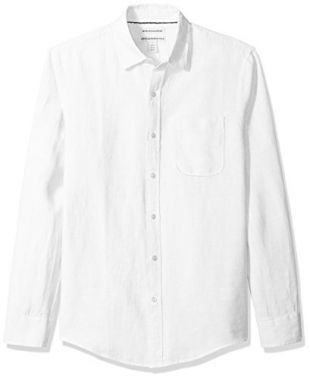 Amazon Essentials Men's Slim-Fit Long-Sleeve Linen Shirt, White, Medium