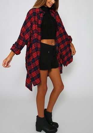 Chemise longue à carreaux manches longues oversize lâche mode femme blouse rouge