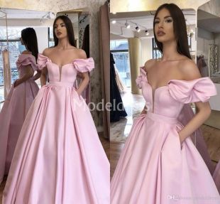 Hot Pink Puff Sleeves Off The Shoulder Simple Prom Evening Dresses main image 1