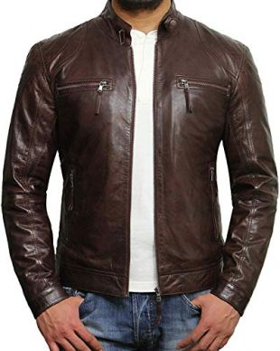 Brandslock Men's Lambskin Genuine Leather Biker Jacket (M, Brown)