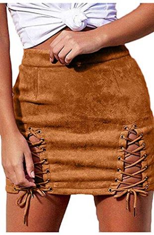 Womens Sexy High Waist Lace up Bodycon Faux Suede Split Tight Mini Skirt (Color : Brown, Size : XL)