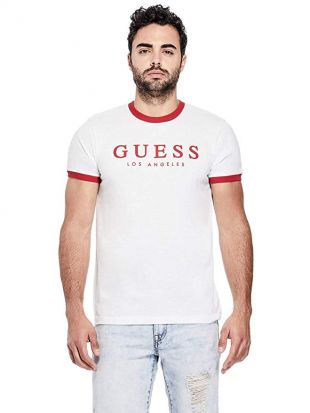 GUESS Factory Men's Kirk Striped- Trim Logo Short Sleeve Tee