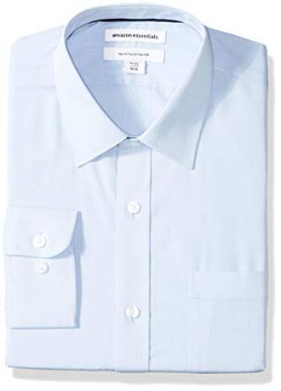 Amazon Essentials Men's Regular-Fit Wrinkle-Resistant Long-Sleeve Solid Dress Shirt, Light Blue, 16.5" Neck 36"-37" Sleeve
