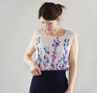 Y2K Vintage Plited Sheer White Floral Sleeveless Blouse Taille L