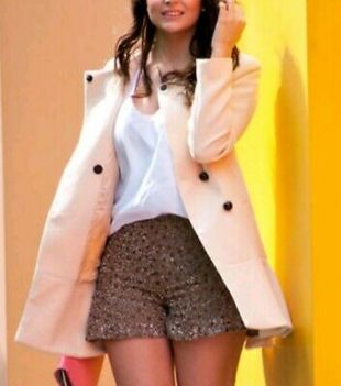 Nude Pink Double  Breasted Frill Hem Coat