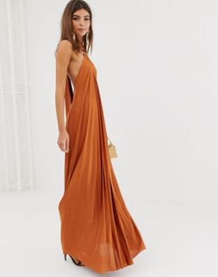Halter Trapeze Pleated Maxi Dress
