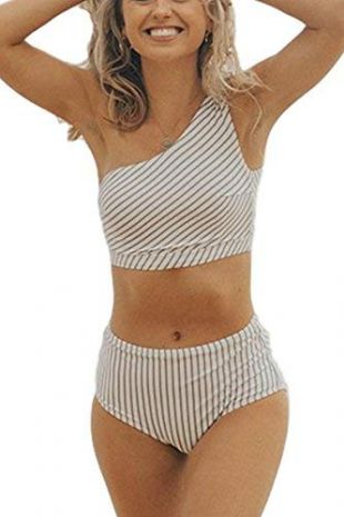 AdoreShe Women's Blue White Breezy Stripe Two Piece Swimsuit,One Shoulder Swimwear Bathing Suit Sold Seperately (A18063,Top,M)