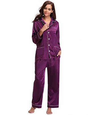 aibrou - Aibrou Women's Satin Pajamas Set Long Sleeve and Long Button ...