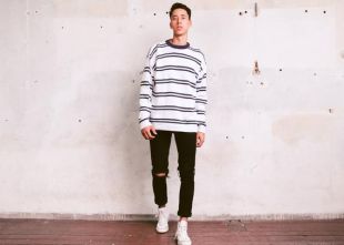90s Pull rayé . Vintage Menswear Monochrome Stripe Yachting Sweater Casual Pullover Boyfriend Knitwear . taille Large L