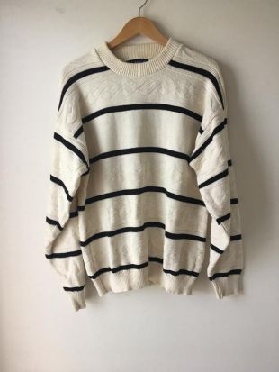 Pull en coton blanc des années 80 d’été pull corde câble tricot motif rayures noires manches longues ras du cou JG crochet grande taille