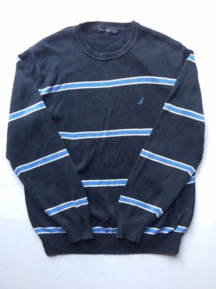 Bleu Nautica 90 avec blanc & lumière bleu rayé à manches longues ras du cou pull / pull. Fabriqué en Thailand.Size XL grand. 100 % coton.