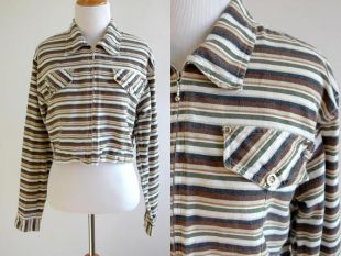 90 s recadrée veste rayé - coton léger veste - manches longues surgi Zip - vert marron Beige - 90 s à manches longues en Crop Top - Lar Med