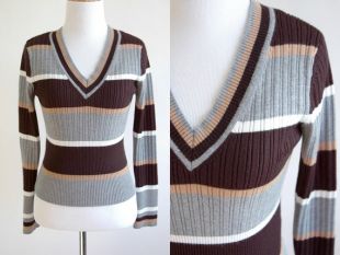 rayé des 90 s V côtelé col - col en V côtelé - pull Cropped pull Cropped - gris brun Beige Blanc - Pull rayé - petite taille