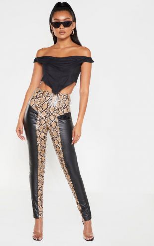 Black Faux Leather Contrast Print Skinny Trouser