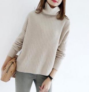 Women's Knitted Wool Blend High Collar Cashmere Sweater Long Sleeve Loose Tops
