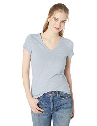 Amazon Brand - Daily Ritual Women's Lightweight Lived-in Cotton Pocket V-Neck T-Shirt, Light Blue,Large