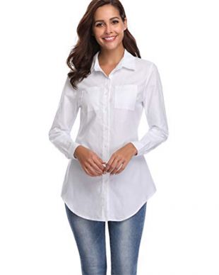 fuinloth Women's Chambray Button Down Shirt, Long Sleeve Cotton Blouse, Long Jeans Tunic Top White X-Large