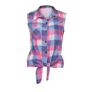 Women Casual Tie Front Knot Sleeveless Plaid Button-Down T-Shirt Blouse Tops (XL, Multicolor)