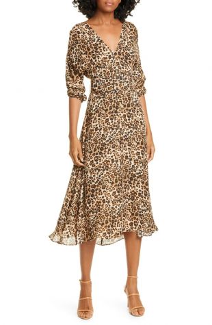 Leopard Print Belted Silk Midi Dress