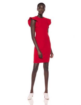 Calvin Klein Women's Solid Sheath with Ruffle Cap Sleeve Dress Red, 6