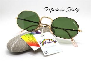 Fabriqué en Italie lunettes de soleil octogonal homme femme or métal verre lentille vert vintage des années 80, Occhiale da Sole octogonale Uomo Donna Oro Verde