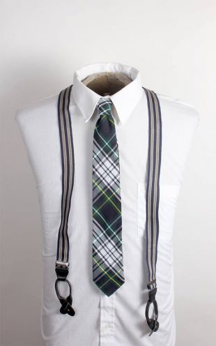 1980 s era marine Tan gris rayé bretelles pour hommes avec Preppy garniture en cuir noir