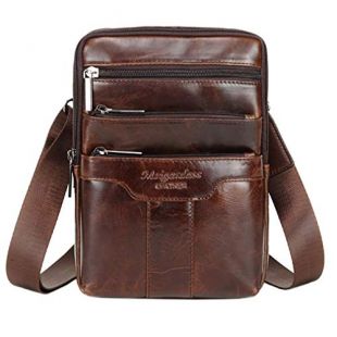 Hebetag Vintage Leather Shoulder Messenger Bag for Men Travel Business Crossbody Pack Wallet Satchel Sling Chest Bags Coffee medium size