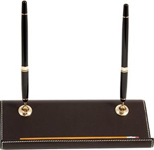 Bey-Berk D1218 Coco Brown Leather Double Pen Stand with Gold Plated Accents