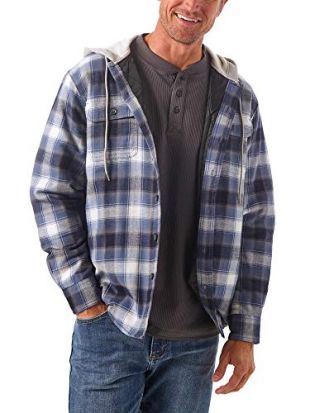 Wrangler Herren Men's Long Sleeve Quilted Lined Flannel Jacket with Hood Button Down Hemd, Vintage Night, Klein