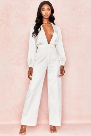 White Satin Wide Sleeve Jumpsuit
