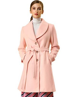 Allegra K Women's Shawl Collar Single Breasted Winter Long Belted Coat Light Pink M (US 10)