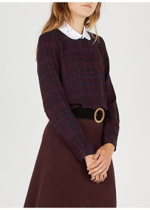 CHEMISE COL CLAUDINE À CARREAUX MARINE