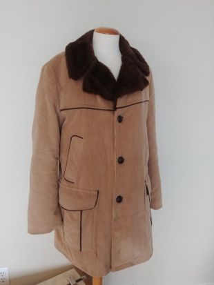 Vintage 1970's Men's Corduroy Faux Fur Pile Lined Car Coat, Mod Seventies Rancher Jacket, Union Made