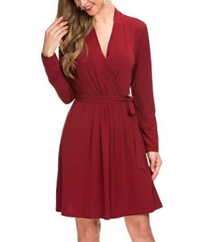 Le Vonfort Plus Size Wrap Dresses for Women, Crossover V Neck Long Sleeve Beautiful Tea Party Dress Wine XX-Large