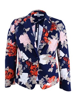 Tahari ASL Women's Floral-Print Blazer (2, Navy/Poppy)