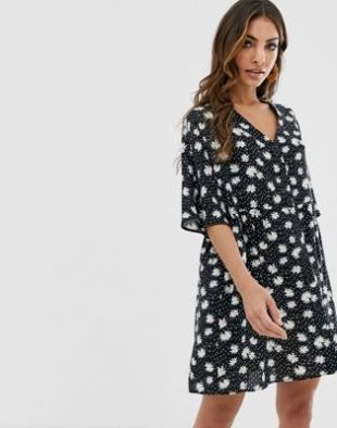 ASOS DESIGN v neck button through mini smock dress in daisy polka dot  | ASOS