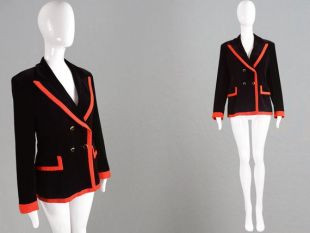 Vintage 80s ESCADA Velvet Blazer Black - Red Womens Velvet Jacket Preppy Blazer 1980s Designer Military Style Red Crepe Trim Nautical Jacket