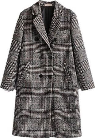 Face Dream Women Winter Plaid Overcoat Double Breasted Woolen Long Coat Grey Grey Large