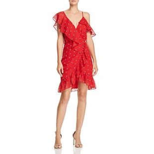 WAYF Womens Cold Shoulder Ruffled Party Dress Red S