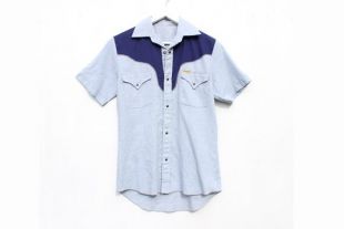 des années 80 Ouest / manches courtes COWBOY & pression collier Vintage pour homme bleu / unisexe chemise