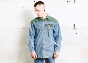 Chemise en denim panneau vintage. 90 bleu Jean Western chemise manches longues Chambray chemise surdimensionné bouton vers le bas chemise homme Rodeo chemise. taille grand L